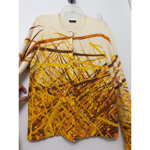 Akris Grass Print Silk Cardigan Sweater Yellow Straw Hay Stripe Button Down 10 - Picture 6 of 16
